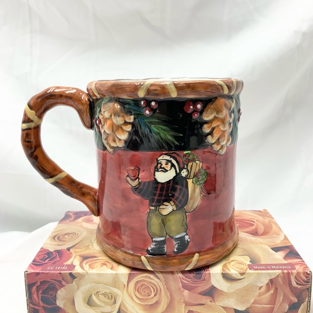 JC Penny Home Collection Christmas Cocoa,Coffee Mug Sculpted Santa Woodland 2004